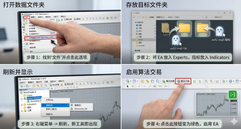 MT5 安装 EA 与指标的四步操作示意图