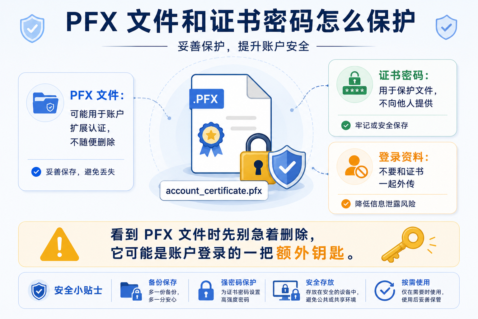 MT5 PFX 文件与证书密码安全边界图：PFX 是额外登录凭证，证书密码用于保护证书文件，均不可外传