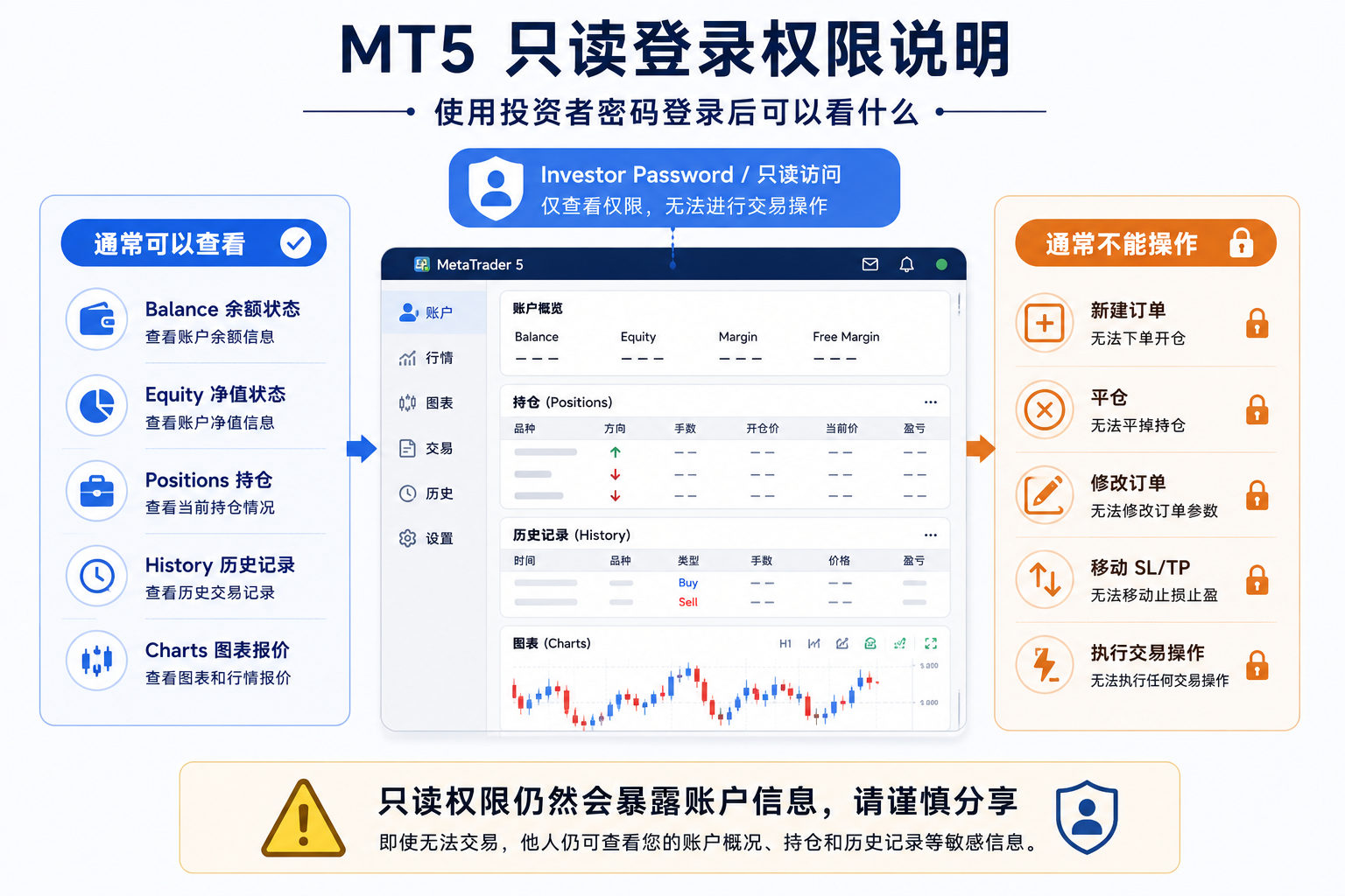 MT5 投资者密码只读登录权限说明图：可查看余额净值持仓历史图表，通常不能开仓平仓或修改订单